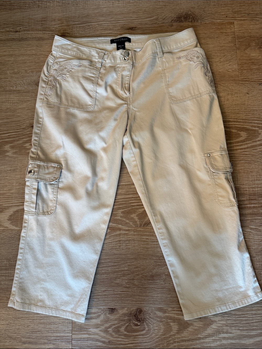 White House Black Market Beige Cargo Capris with Embroidered Pockets